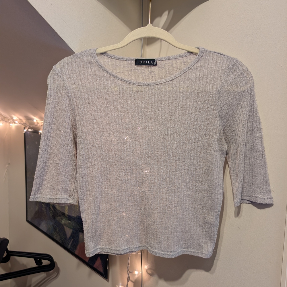 UK2LA Light Gray Ribbed Short Sleeve Sleeve Knit Look Crop Top